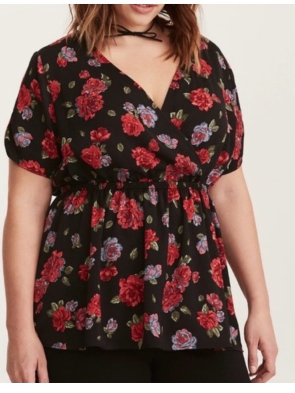 torrid Black Floral Wrap Peplum Blouse - Red & Purple Flowers